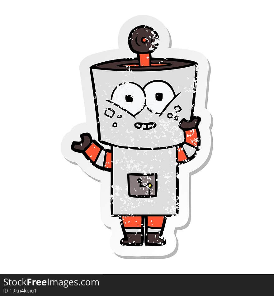 distressed sticker of a happy cartoon robot waving hello