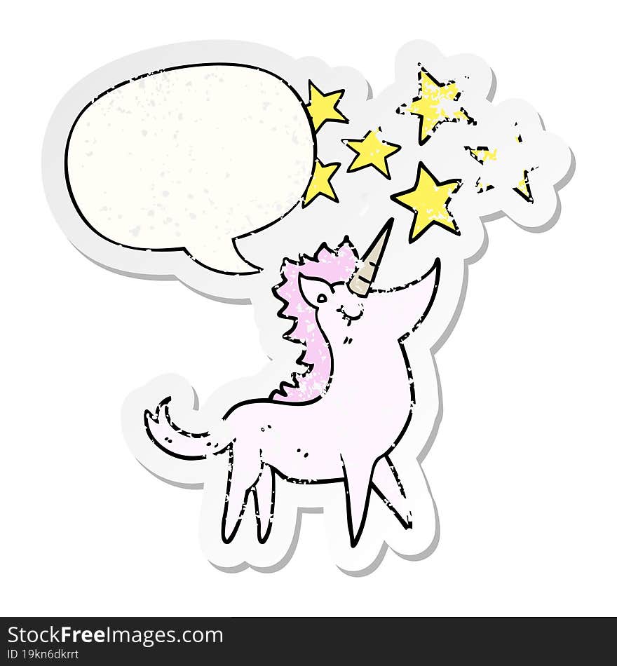 cartoon unicorn with speech bubble distressed distressed old sticker. cartoon unicorn with speech bubble distressed distressed old sticker