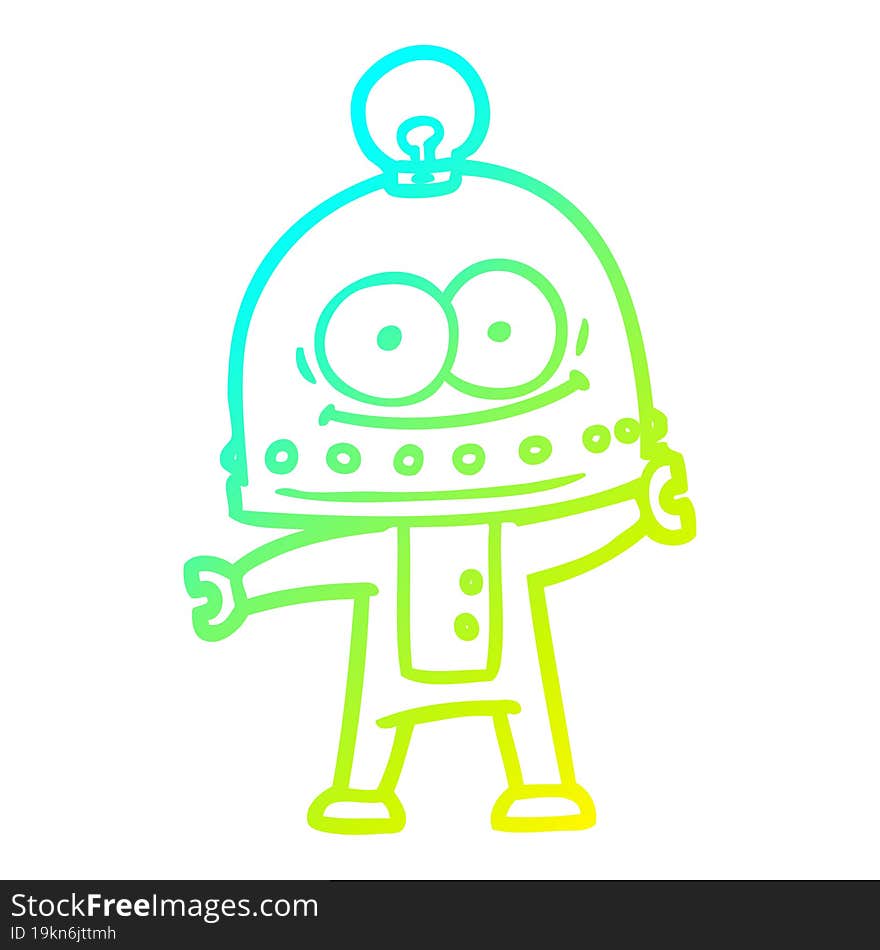 cold gradient line drawing happy carton robot with light bulb