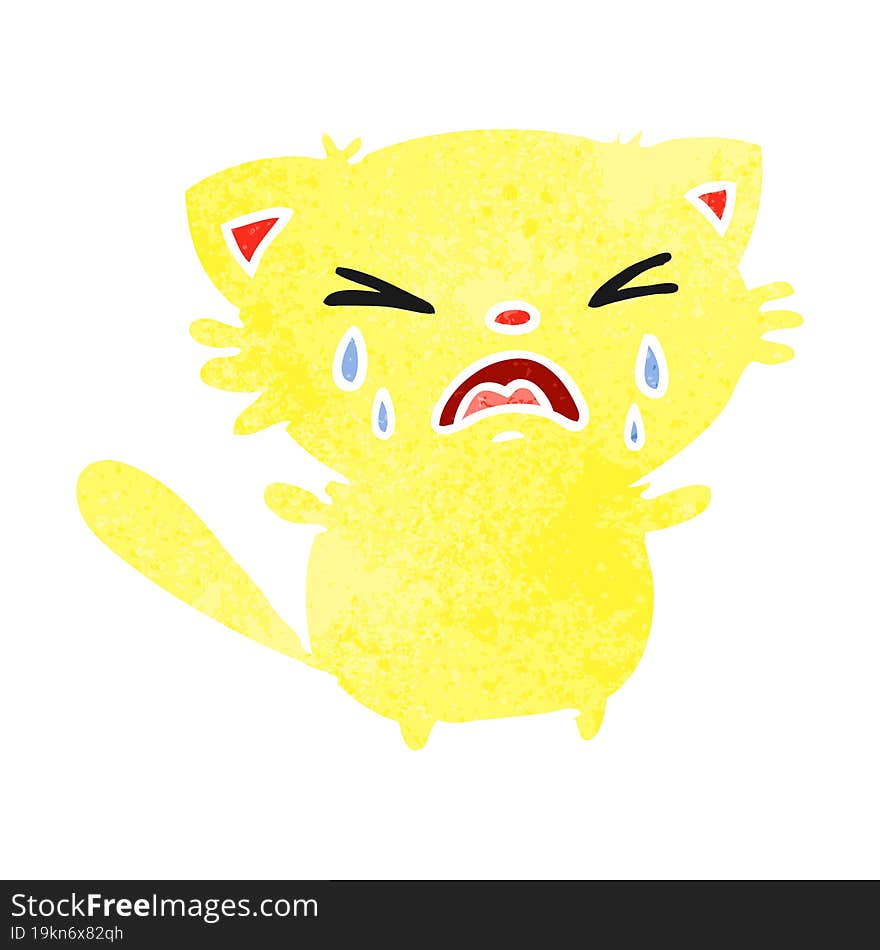 retro cartoon of cute kawaii crying cat