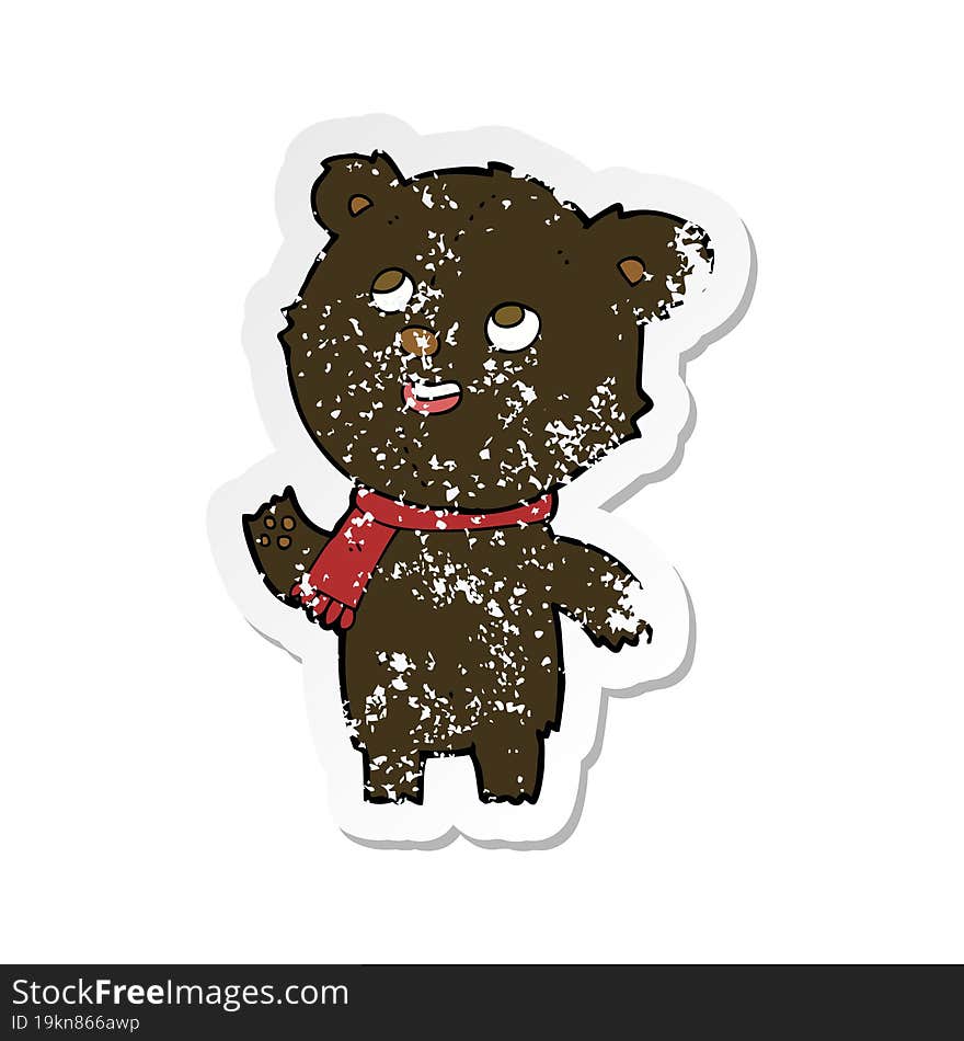 retro distressed sticker of a cartoon black bear wearing scarf