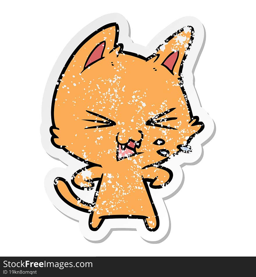 Distressed Sticker Of A Cartoon Cat Hissing