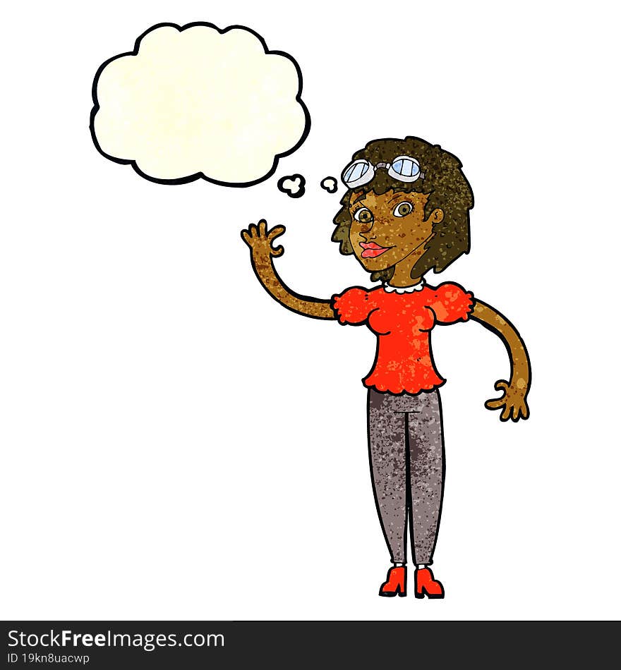 cartoon pilot woman waving with thought bubble