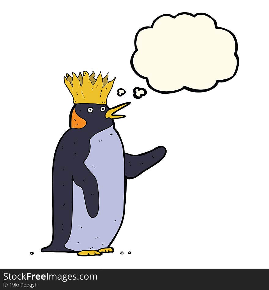 cartoon emperor penguin waving with thought bubble