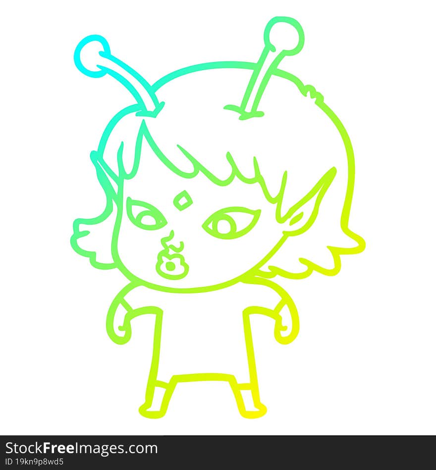 cold gradient line drawing pretty cartoon alien girl