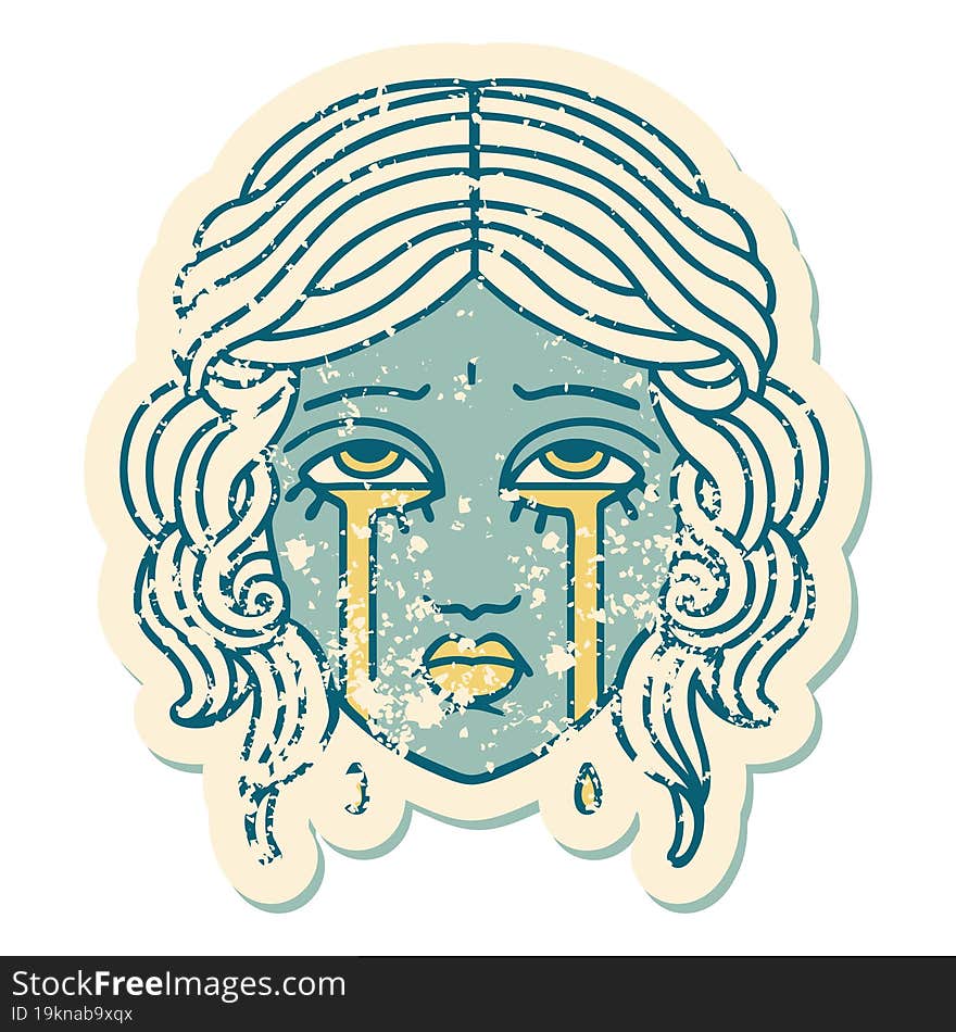 Distressed Sticker Tattoo Style Icon Of Female Face Crying