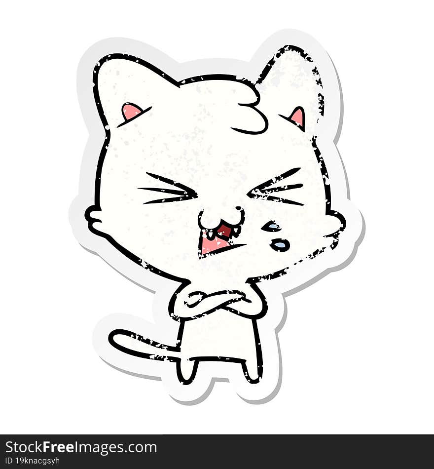 Distressed Sticker Of A Cartoon Hissing Cat