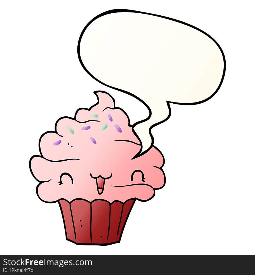 cute cartoon frosted cupcake with speech bubble in smooth gradient style