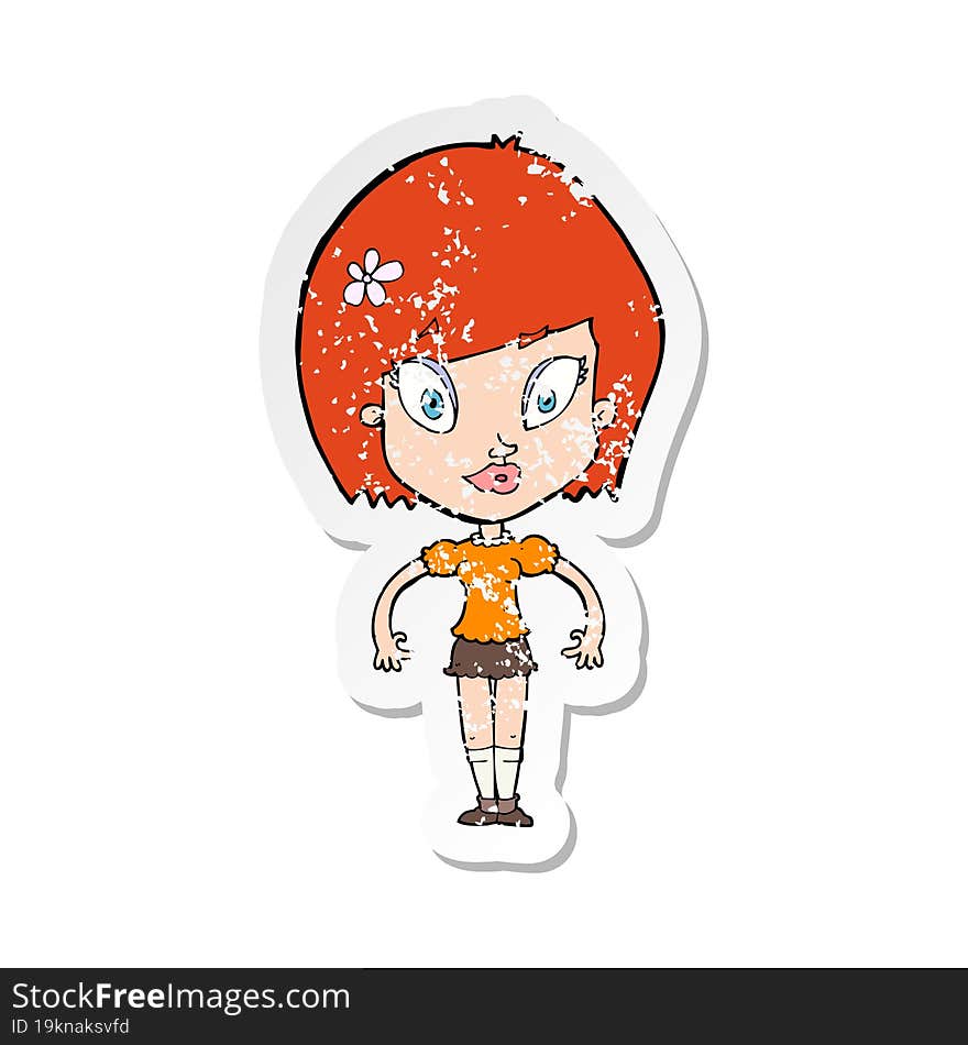 retro distressed sticker of a cartoon pretty woman