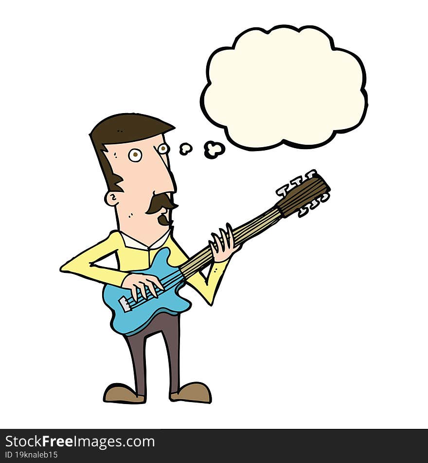 cartoon man playing electric guitar with thought bubble