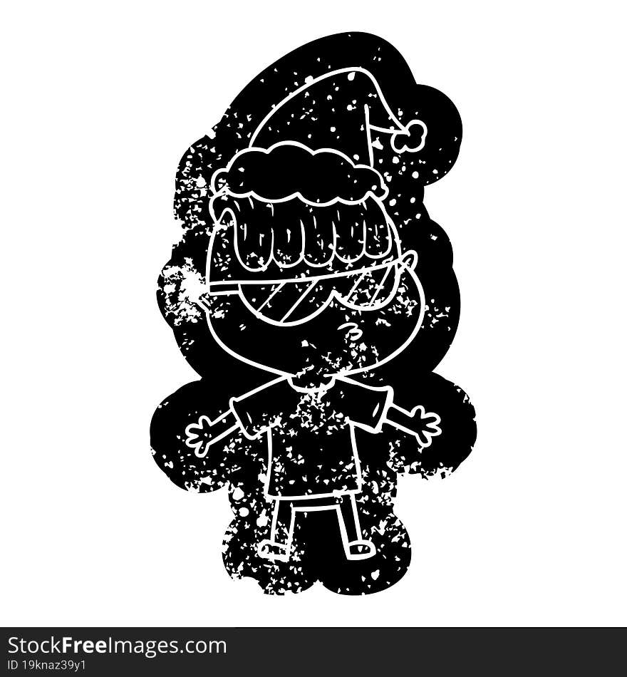 quirky cartoon distressed icon of a boy wearing sunglasses wearing santa hat