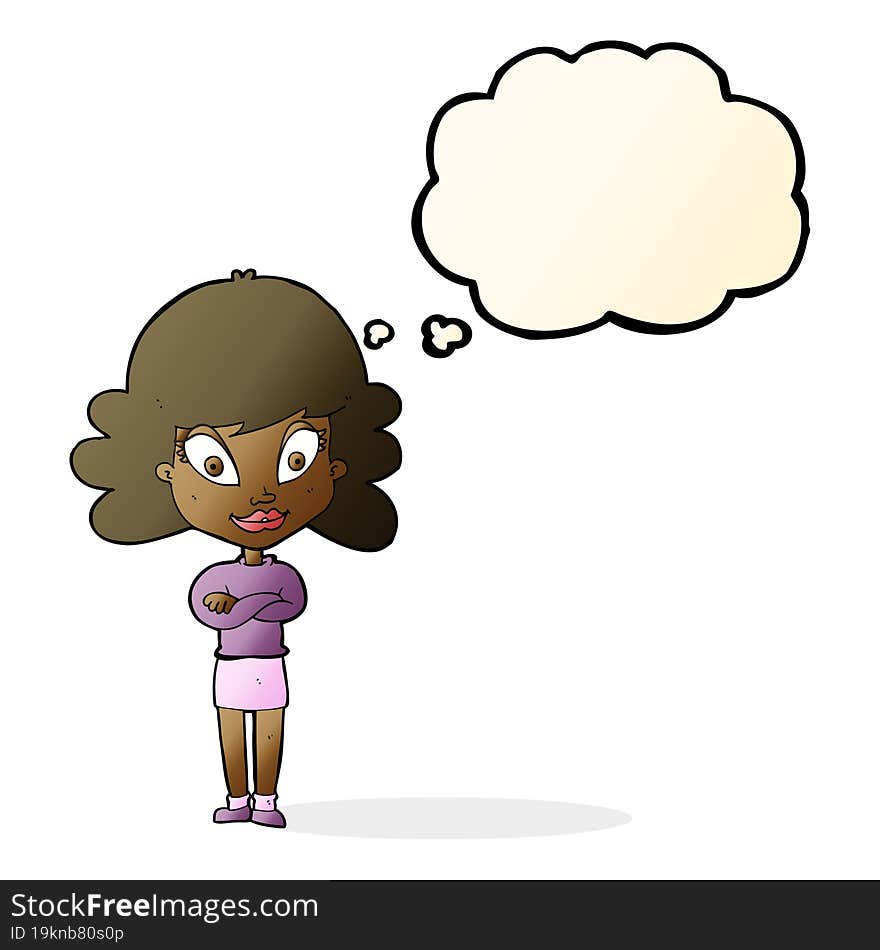 cartoon happy woman with folded arms with thought bubble