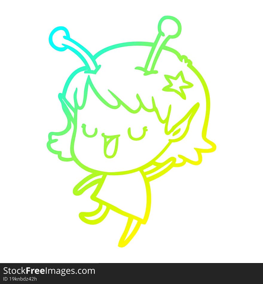 cold gradient line drawing of a happy alien girl cartoon laughing