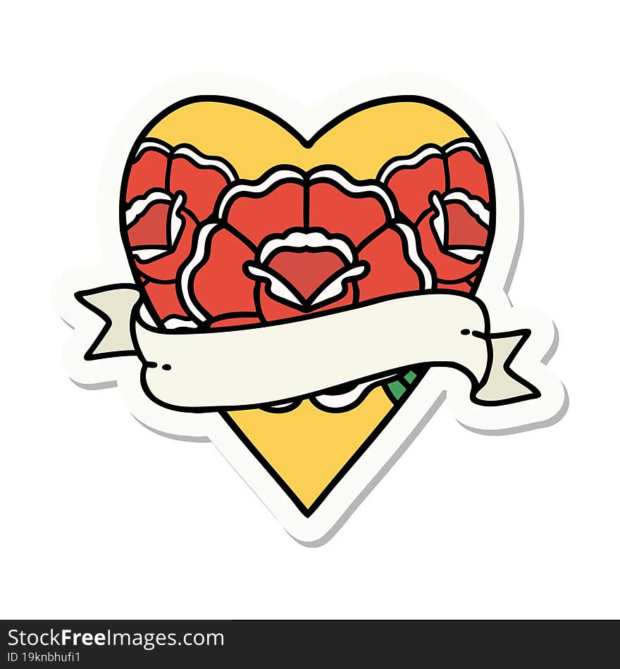 sticker of tattoo in traditional style of a heart and banner with flowers. sticker of tattoo in traditional style of a heart and banner with flowers