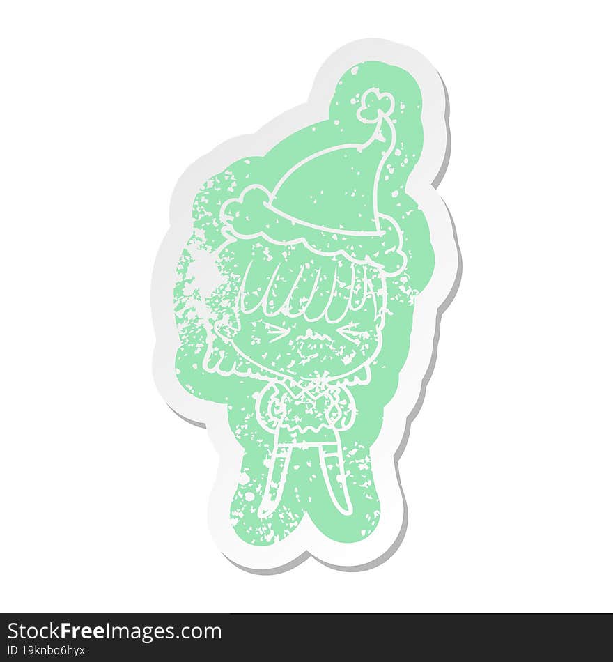 annoyed quirky cartoon distressed sticker of a girl wearing santa hat