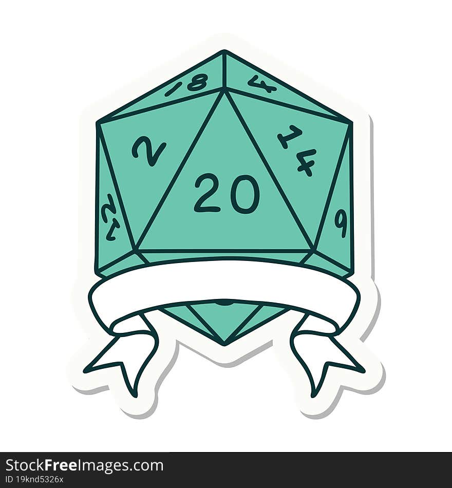 sticker of a natural 20 critical hit D20 dice roll. sticker of a natural 20 critical hit D20 dice roll