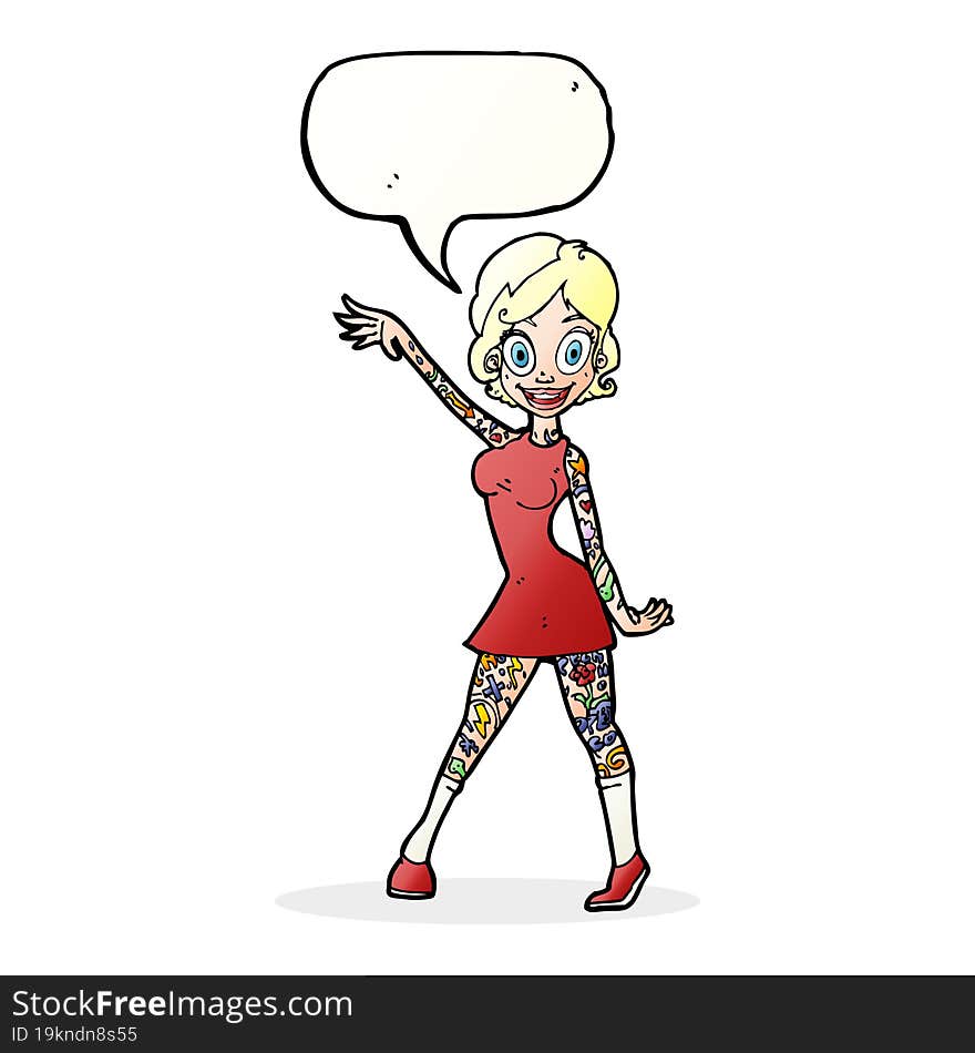 cartoon woman with tattoos with speech bubble