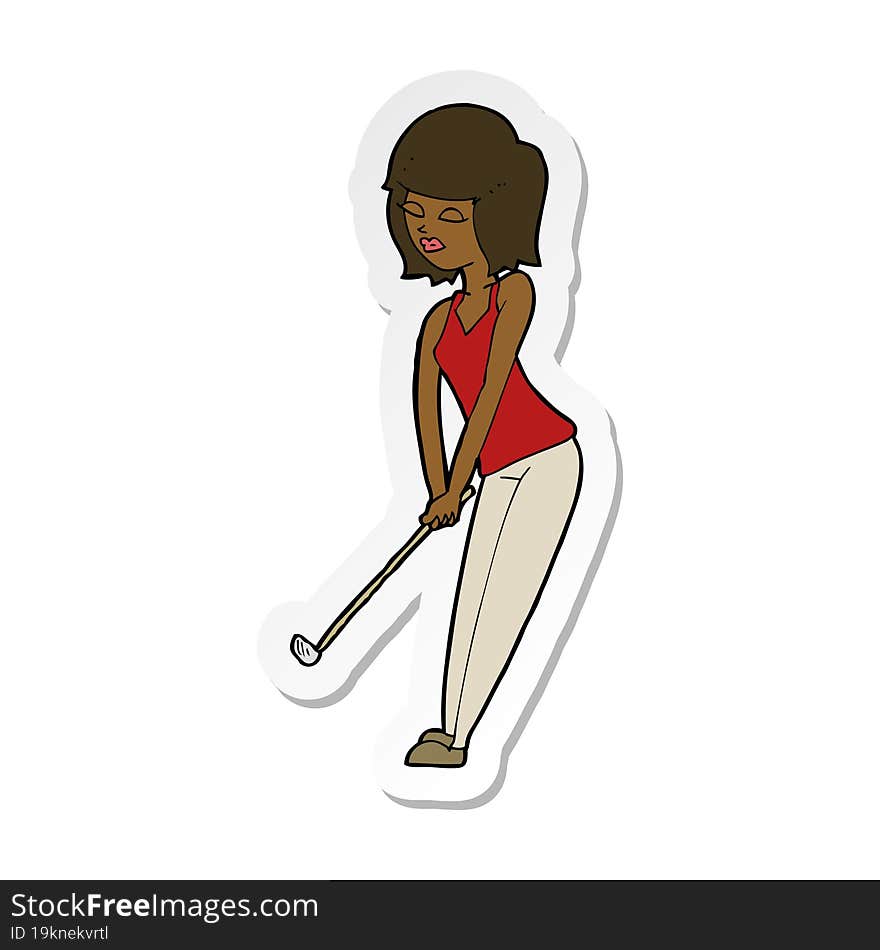 sticker of a cartoon woman playing golf