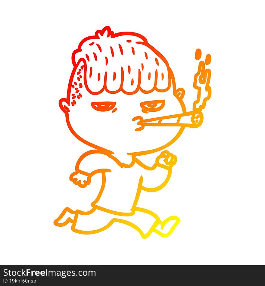 warm gradient line drawing cartoon man smoking whilst running