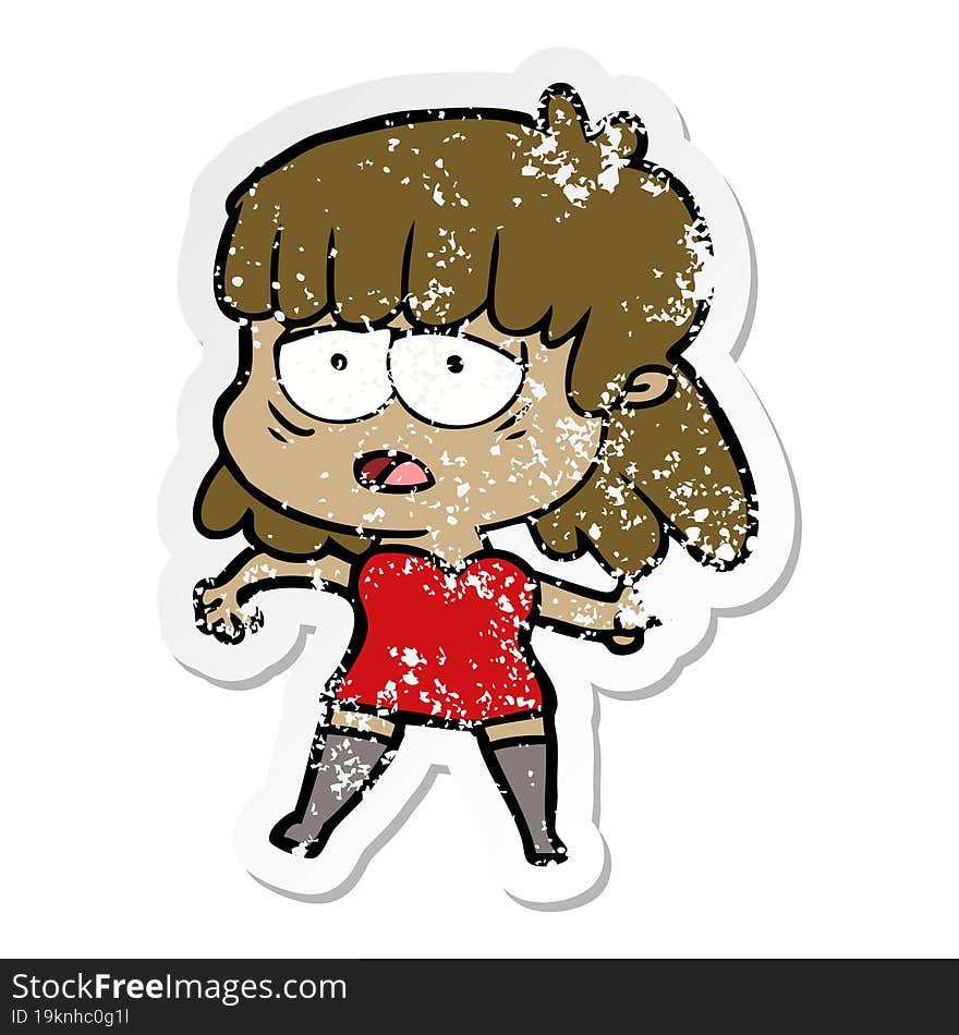 distressed sticker of a cartoon tired woman