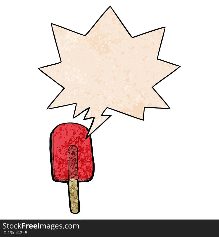 cartoon ice lolly with speech bubble in retro texture style