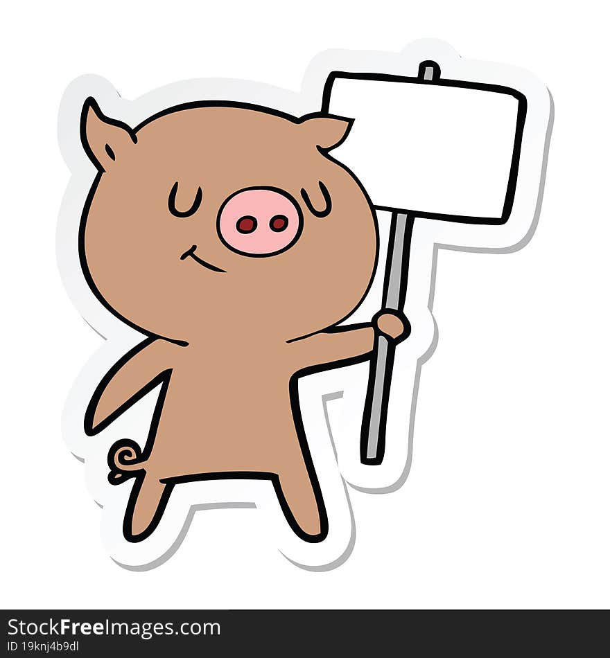 sticker of a happy cartoon pig with placard