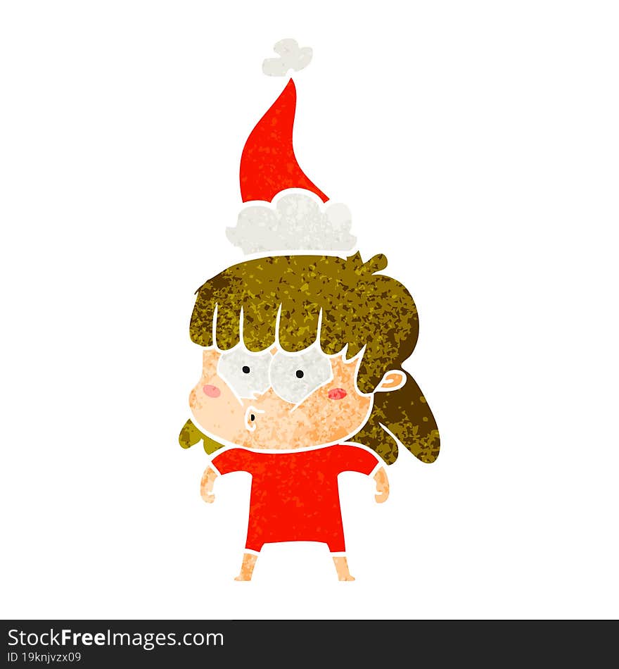 retro cartoon of a whistling girl wearing santa hat