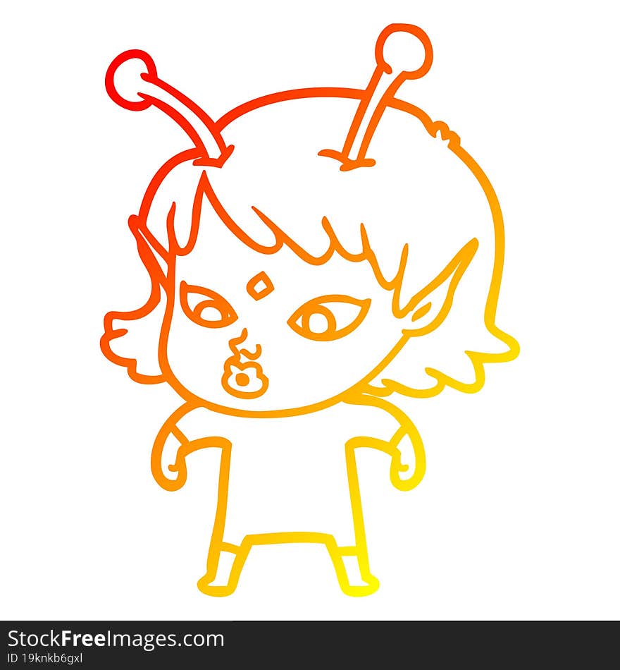 warm gradient line drawing pretty cartoon alien girl