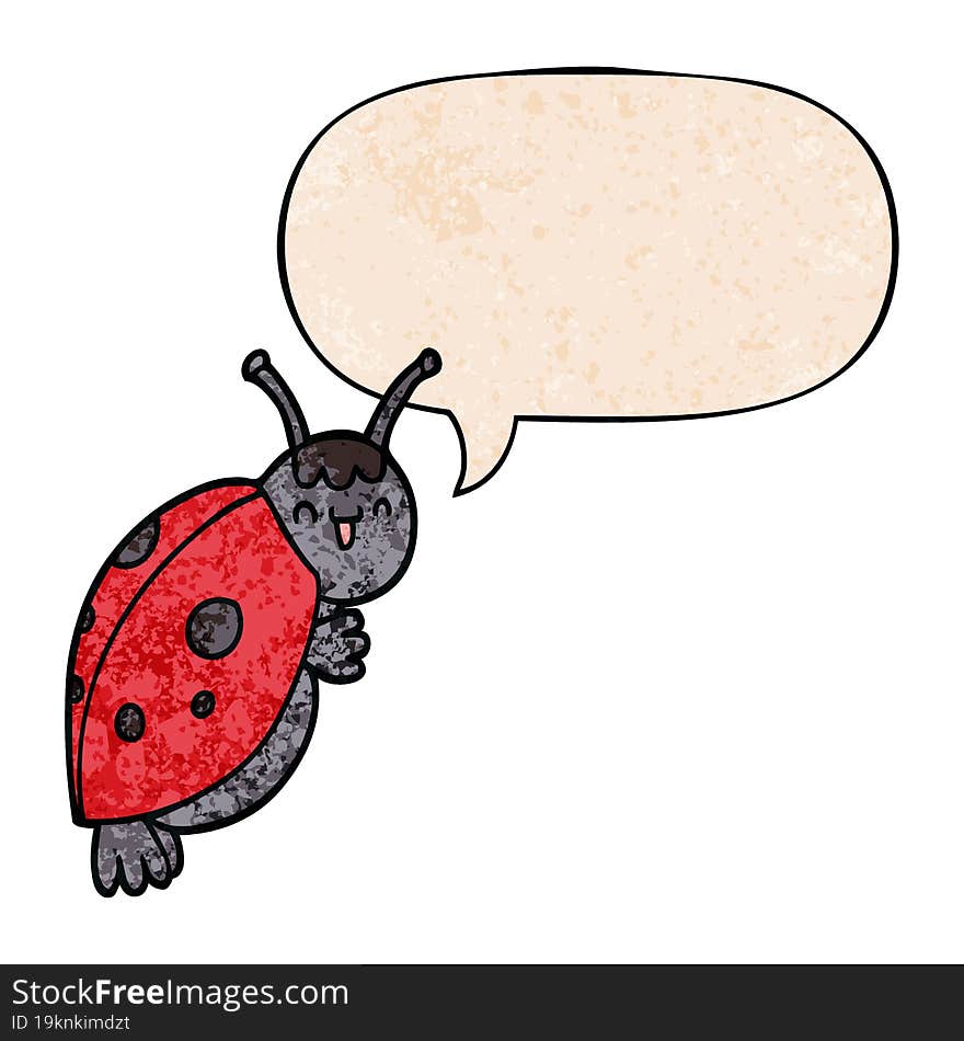 cute cartoon ladybug with speech bubble in retro texture style