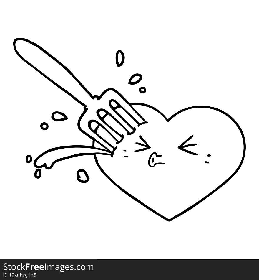 cartoon love heart stuck with fork. cartoon love heart stuck with fork