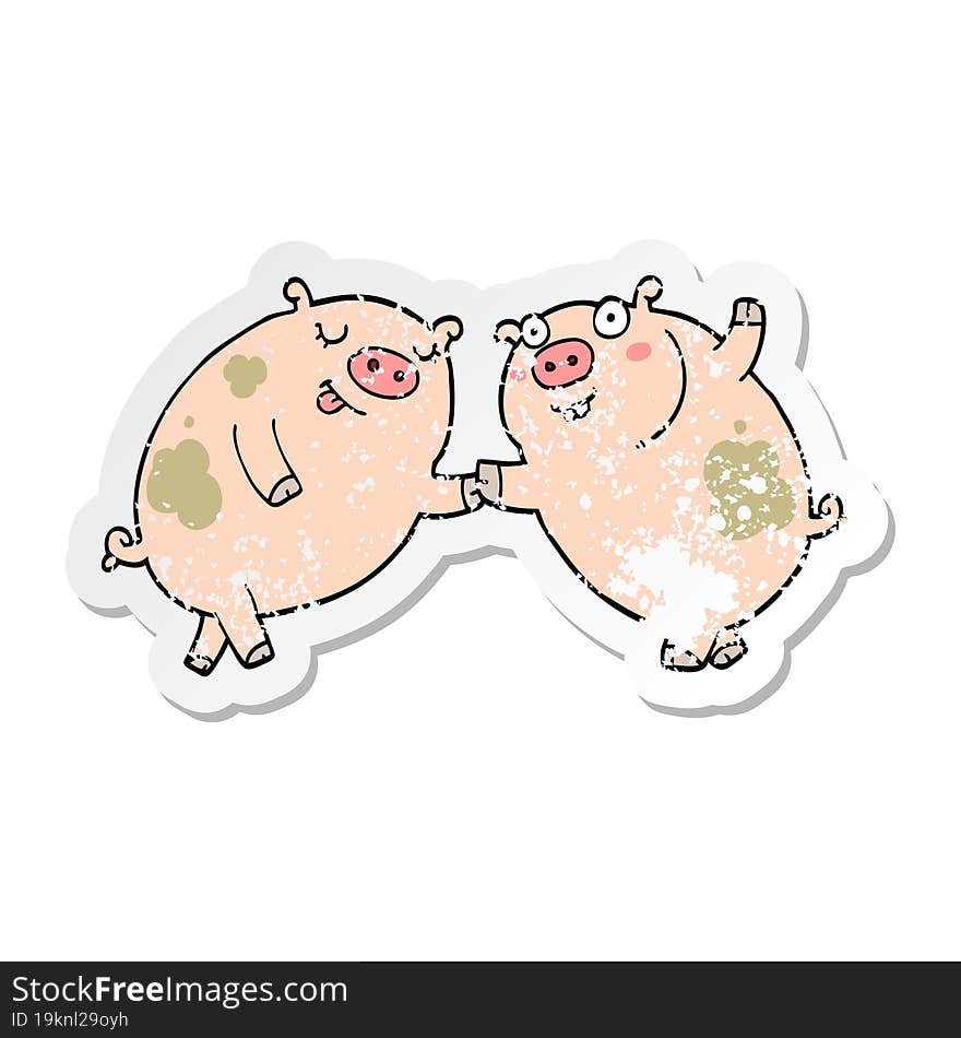 distressed sticker of a cartoon pigs dancing