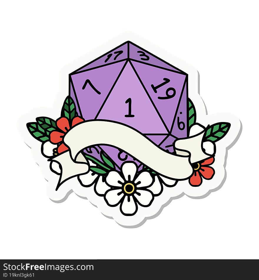 sticker of a natural one d20 dice roll. sticker of a natural one d20 dice roll