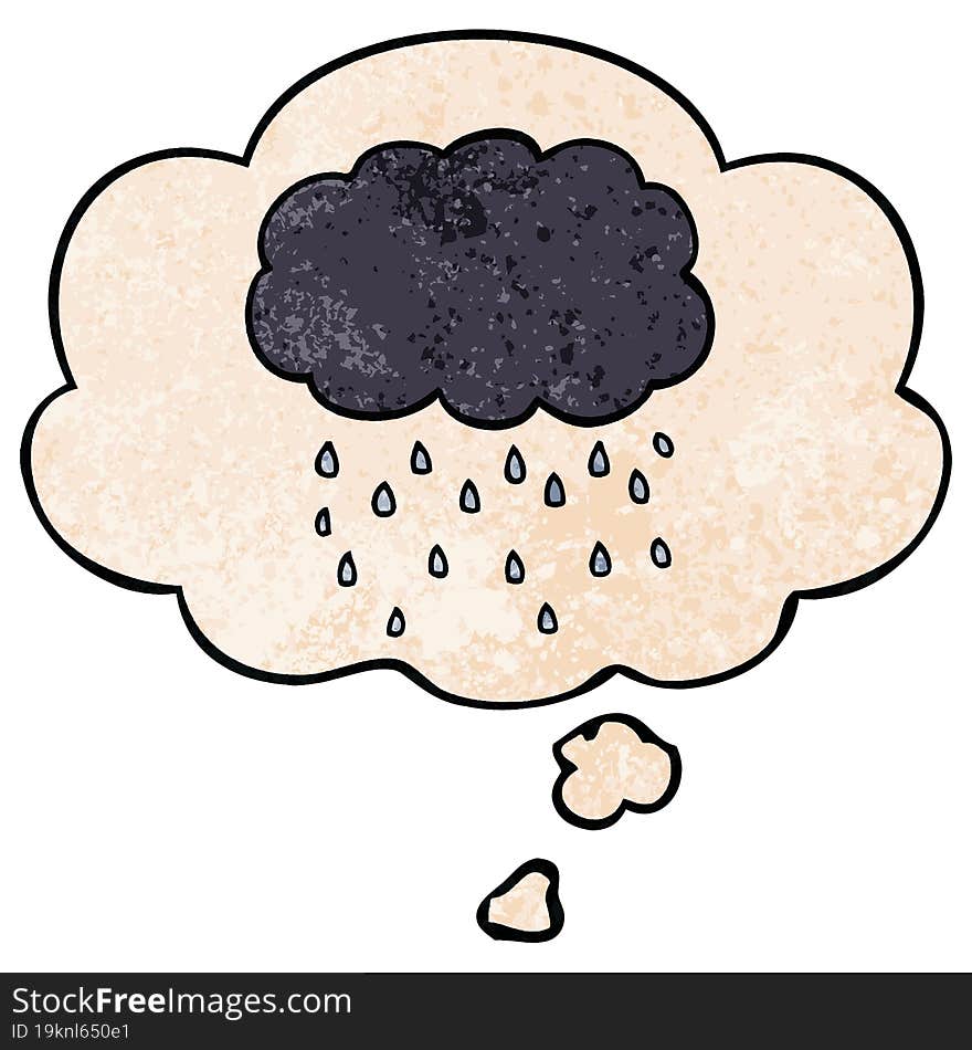 Cartoon Cloud Raining And Thought Bubble In Grunge Texture Pattern Style