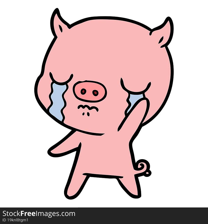 cartoon pig crying waving goodbye. cartoon pig crying waving goodbye