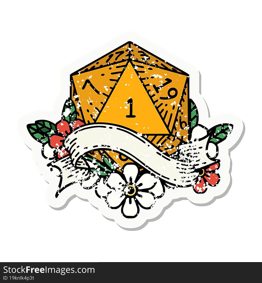 natural one d20 dice roll grunge sticker