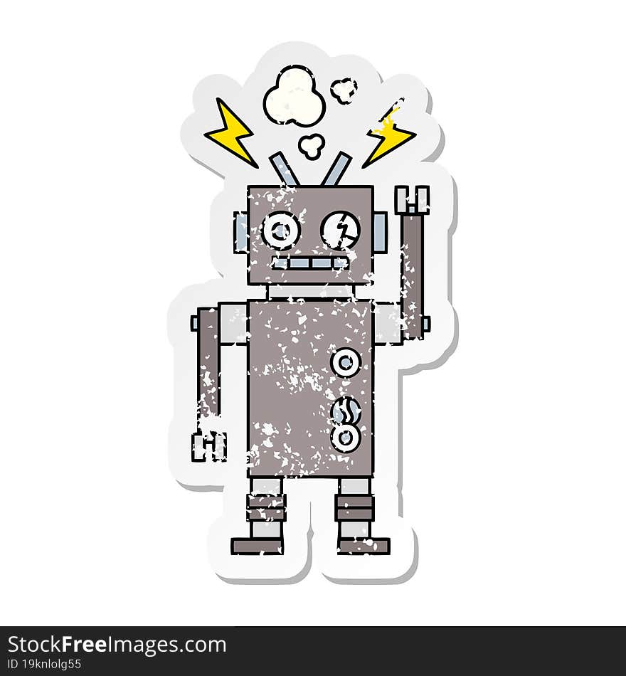 Distressed Sticker Of A Cute Cartoon Malfunctioning Robot