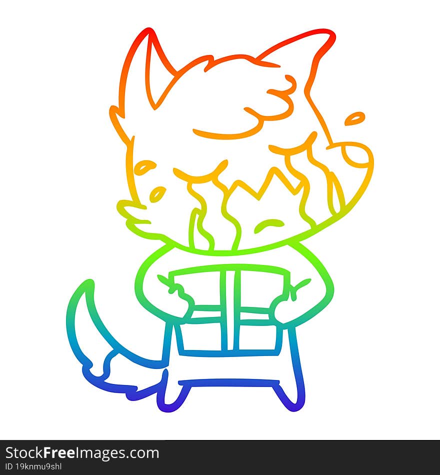 rainbow gradient line drawing crying fox cartoon with parcel