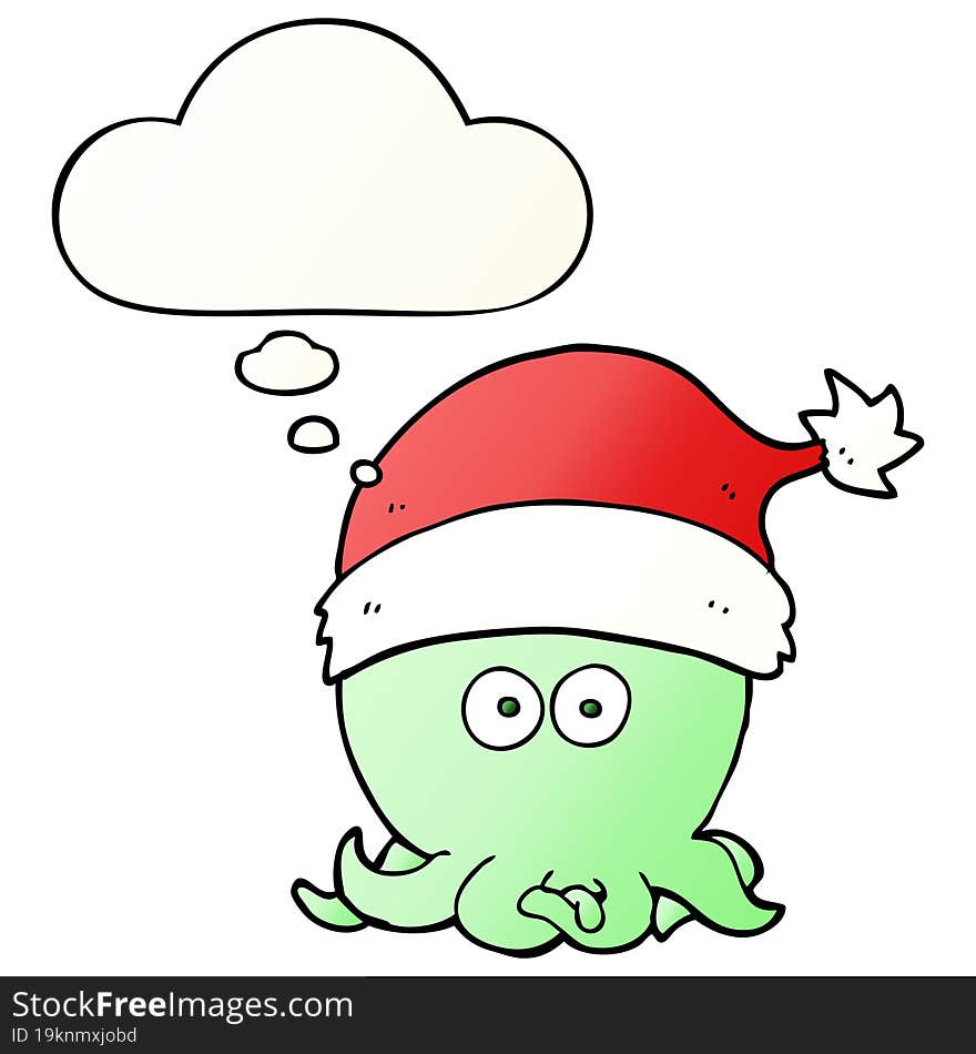 cartoon octopus wearing christmas hat and thought bubble in smooth gradient style