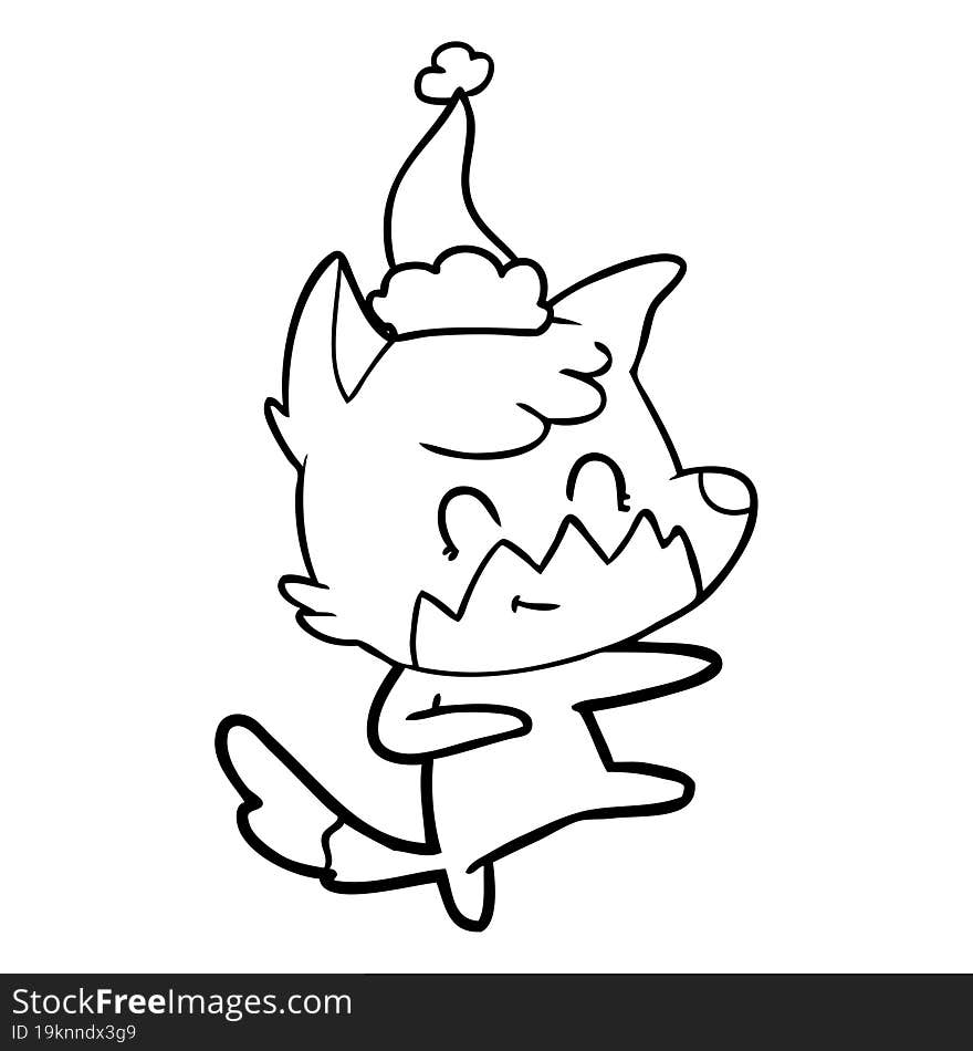 hand drawn line drawing of a friendly fox wearing santa hat