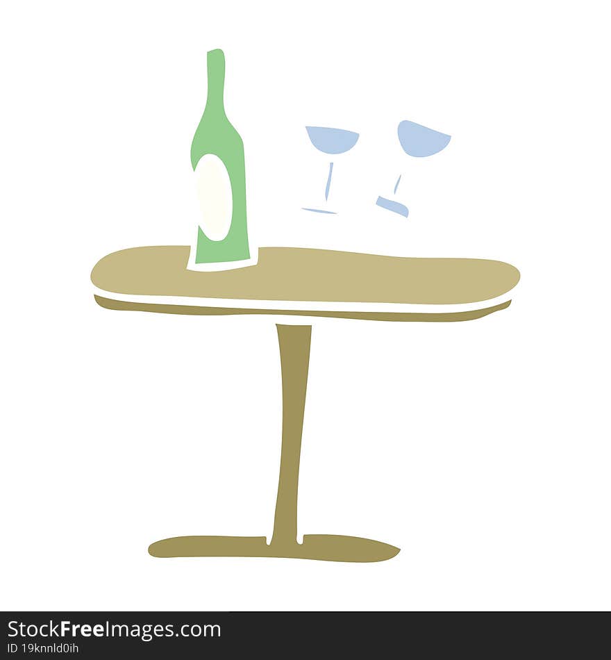 flat color illustration cartoon table with bottle and glasses