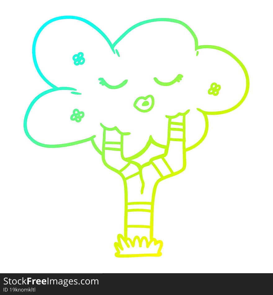 Cold Gradient Line Drawing Cartoon Tree With Face