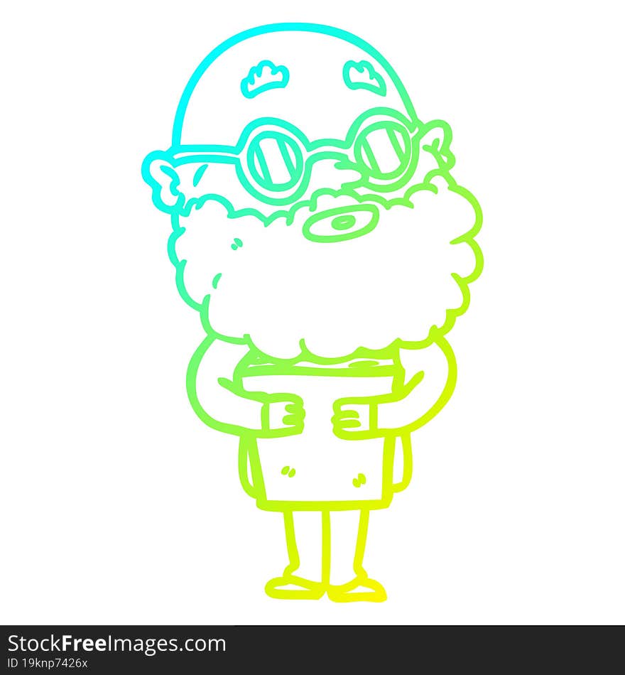 cold gradient line drawing cartoon curious man with beard and glasses