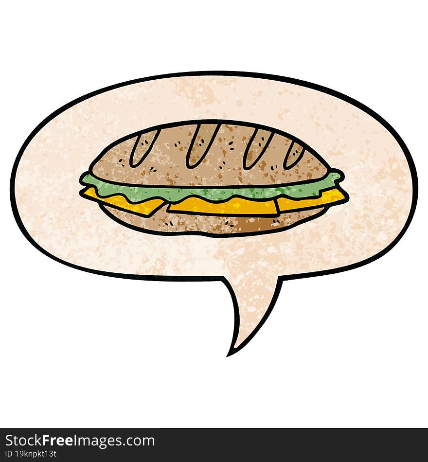 cartoon chesse sandwich and speech bubble in retro texture style