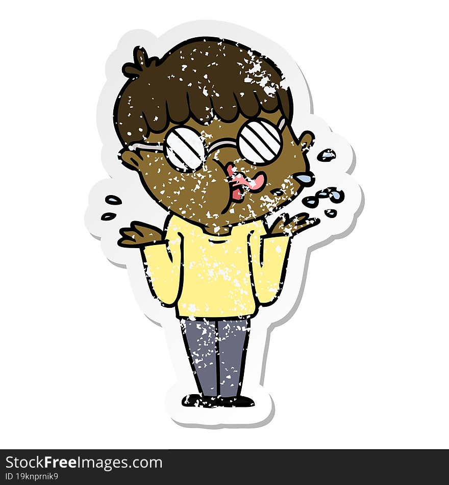 Distressed Sticker Of A Cartoon Boy Wearing Spectacles Shrugging Shoulders