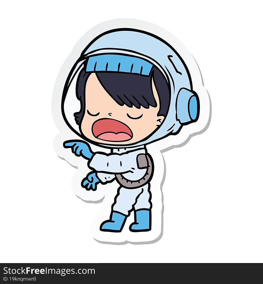 Sticker Of A Cartoon Astronaut Woman Pointing And Talking