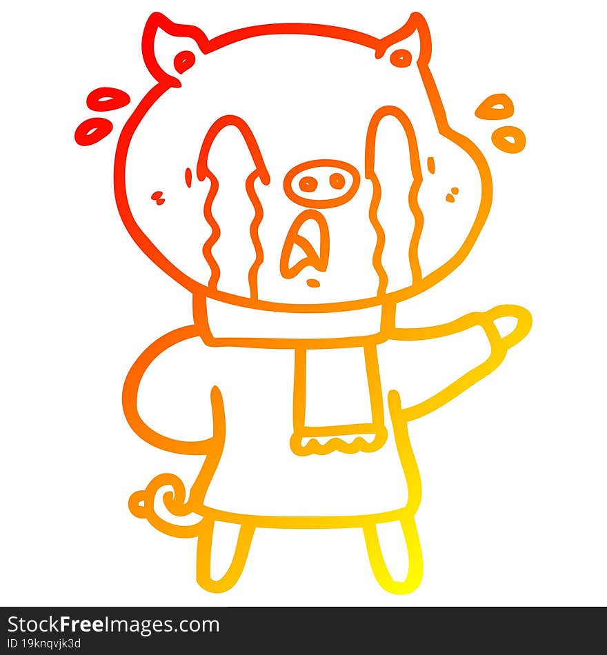 warm gradient line drawing of a crying pig cartoon wearing human clothes