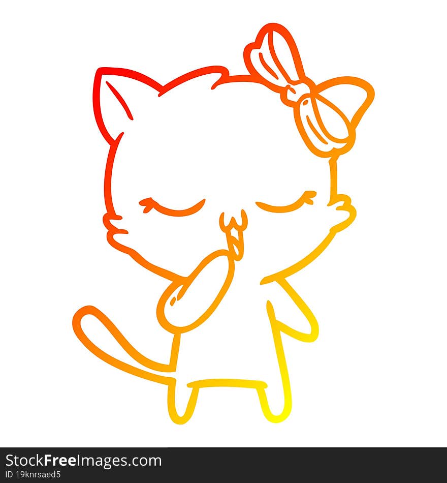 warm gradient line drawing cartoon cat with bow on head