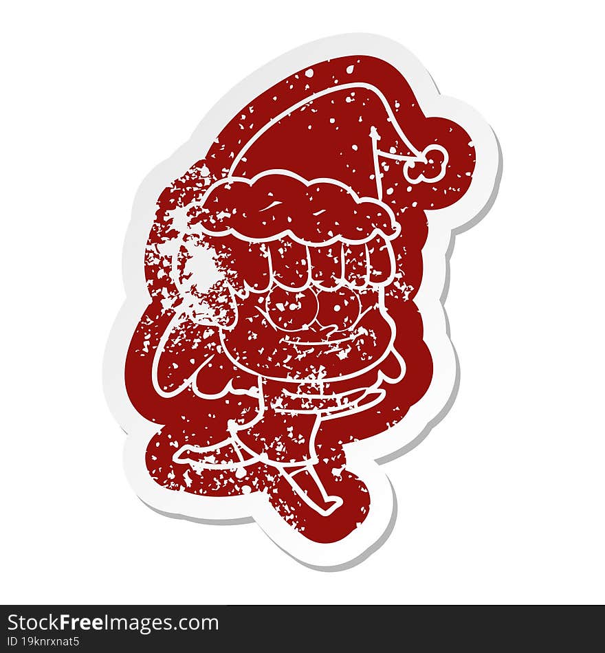 cartoon distressed sticker of a smiling woman wearing santa hat