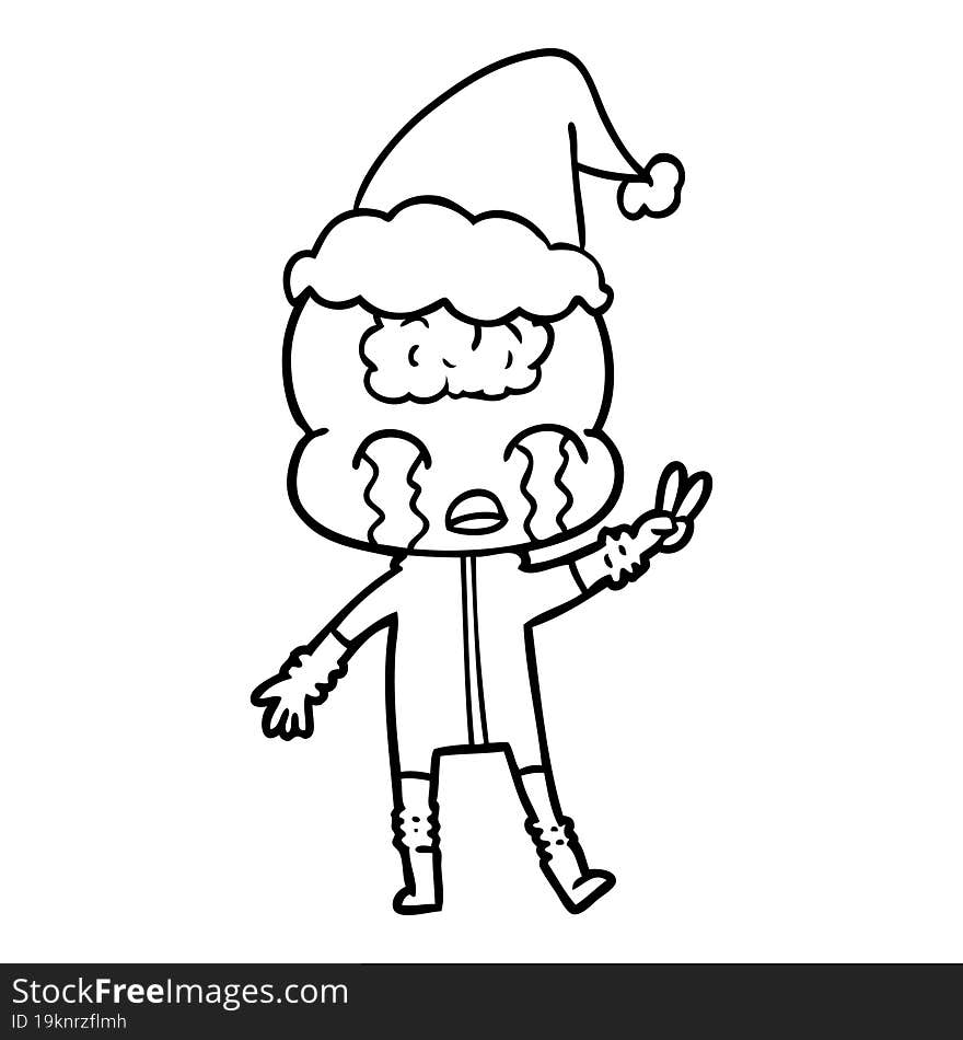 hand drawn line drawing of a big brain alien crying and giving peace sign wearing santa hat