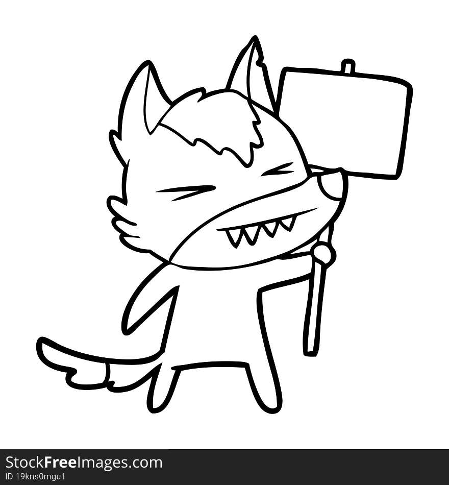 angry wolf cartoon with placard. angry wolf cartoon with placard